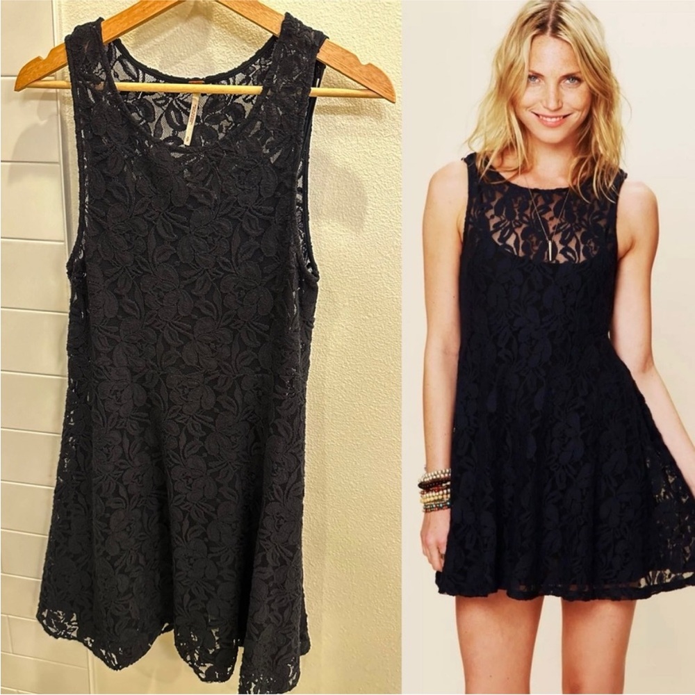 Free People Dress Miles of Lace Black Sleeveless Fit and Flair Skater 2 in 1